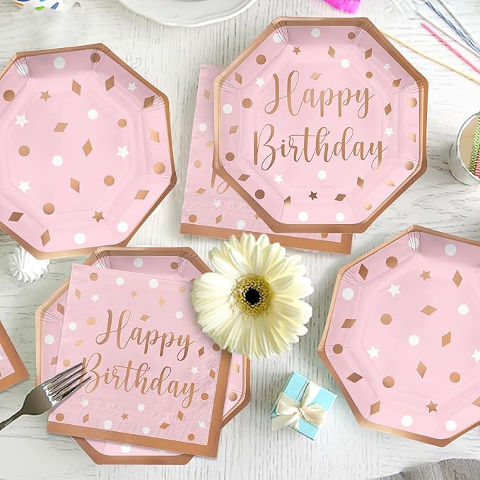 Rose Gold Birthday Party Supplies - Disposable Paper Plates Napkins Cups Tablecloth &amp Banner for Girl/Women Celebration Serves 25 - Decorate with Our Rose Gold Plates and Napkins Set