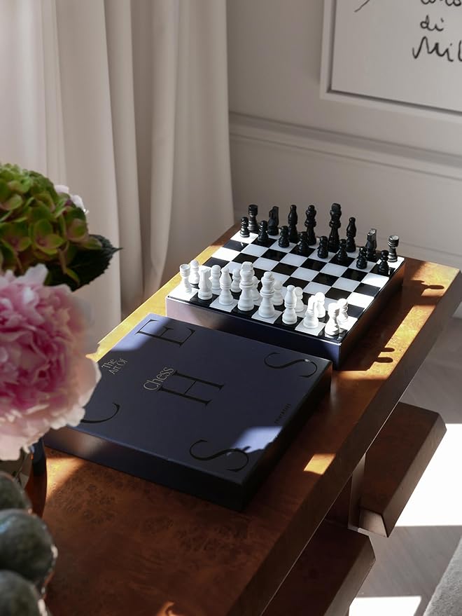 Printworks Art of Chess – Black &amp White Wooden Chess Set with Acrylic Board – Stylish Coffee Table Game for Adults – Multilingual Instructions Included