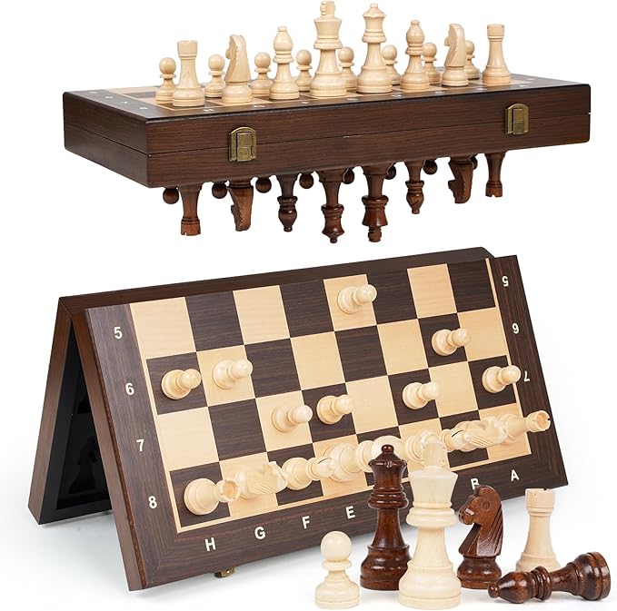 15 Magnetic Wooden Chess Set for KidsAdults &amp Beginners with 3 King &amp 2 Extra Queens – Portable Folding Travel Chess Board with Storage – Classic Strategy Game