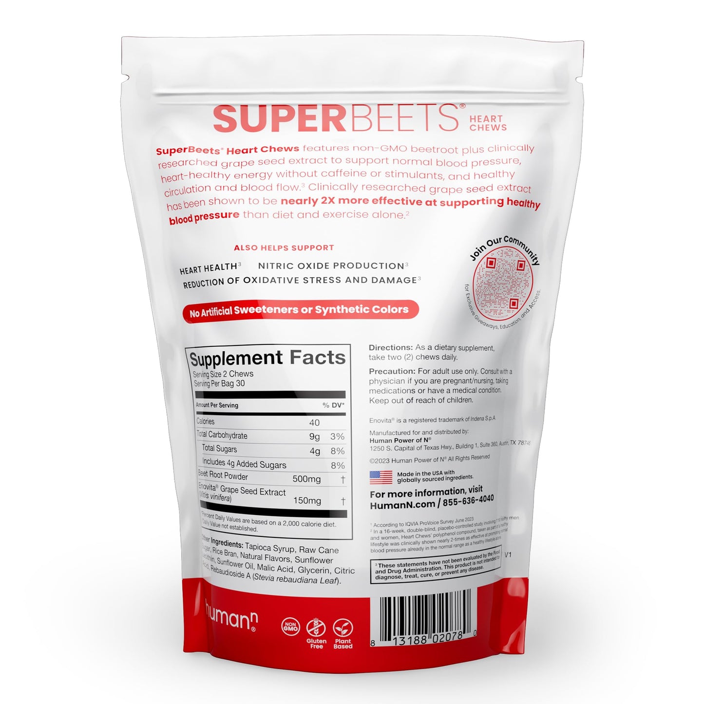 HumanN SuperBeets Heart Chews, Nitric Oxide and Blood Pressure Support, Grape Seed Extract & Non-GMO Beet Root Powder Energy Supplement, Pomegranate Berry Flavor, 60 Count