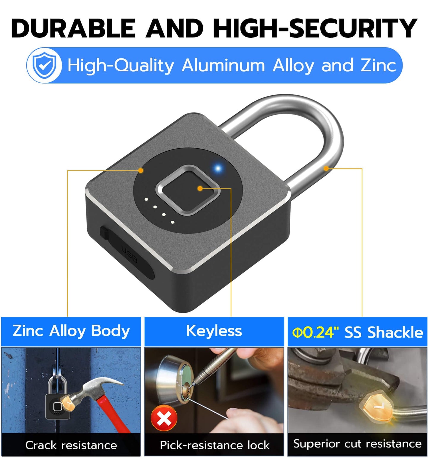 eLinkSmart Fingerprint Gym Locker Lock, Keyless Biometric Padlock, Weatherproof Electronic Digital Bluetooth App Smart Combo Pad Lock for Outdoor Fence Gate School Locker Storage Pool Shed - Black