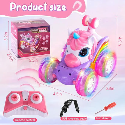 Remote Control Car Unicorn for Girls 360° Rotating 4WD Stunt RC Cars with Cute Cool LED Lights 2.4GHz Toy Car USB Direct Charging RC Cars Birthday Gifts for Kids Girl Age 3-6 7-9 (LY-018)