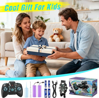 Gesture Sensing Remote Control Car RC Cars Toys for Boys Age 6-12 4WD Hand Controlled Twist &amp Transform 360° Spins Stunt Car with Mist Light &amp Music 8-10 Year Old Boys Birthday Gift Blue