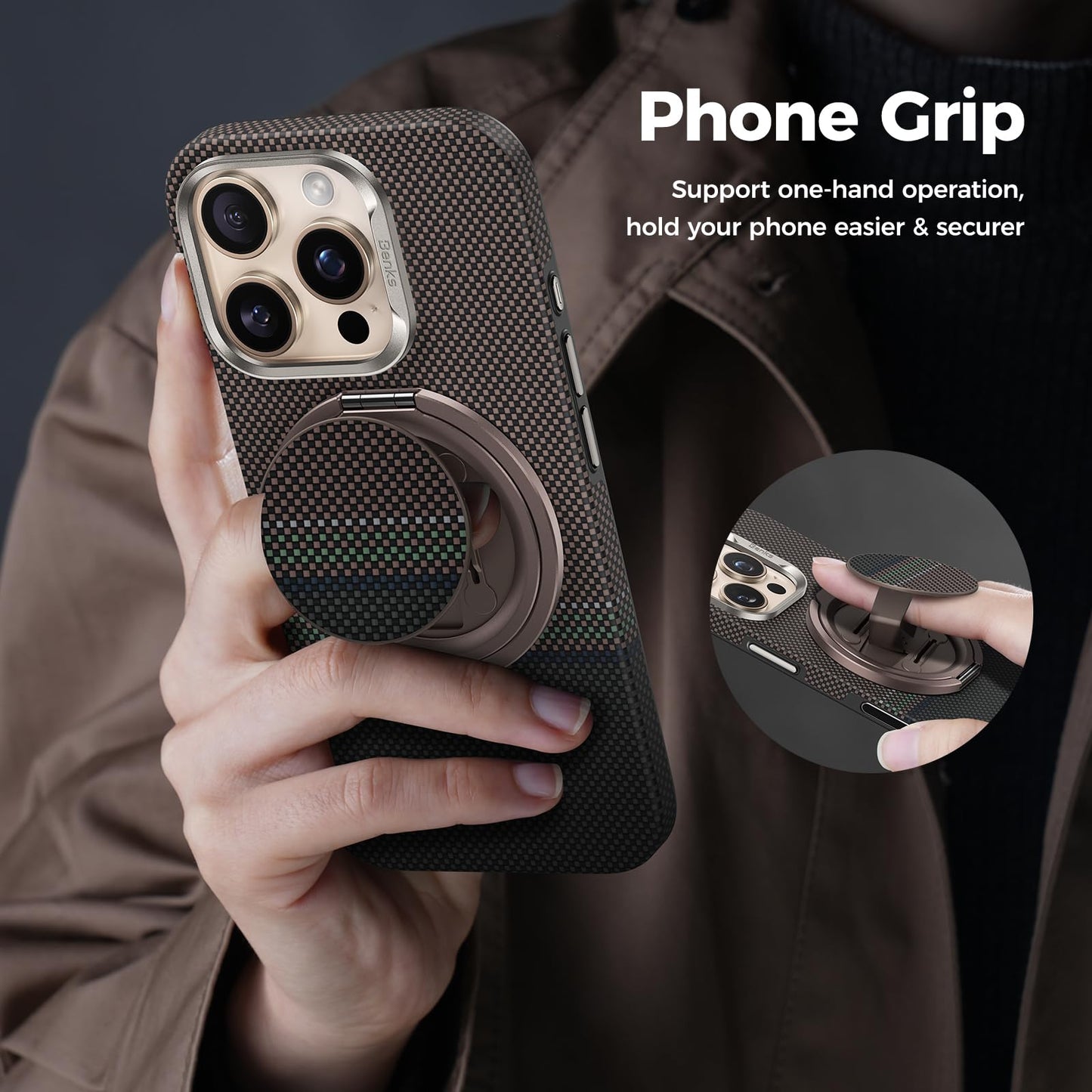 BENKS ArmorPop Magnetic Phone Grip & Stand for MagSafe, 360° Rotation Adjustable Phone Ring Holder for iPhone 17/16/15/14/13/12 Series, Durable Kevlar Design