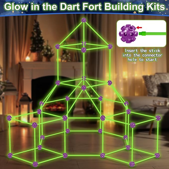 V-Opitos 140 Pack Glow in The Dart Fort Building Kits for Kids Age 4 5 6 7 8+ Years Old STEM Building Toys for DIY Castles Tunnels Ideal Christmas Birthday Gifts for Boys &amp Girls