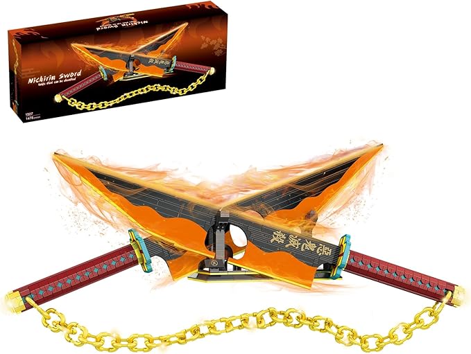 Anime Dual Cleaver Building Set - 1478 Pieces Sound Ninja Sword Model with Golden Chain 82 Inch Huge Nichirin Style Weapon Flashy Cosplay Prop Construction Toy for Adults (Amber &amp Black)