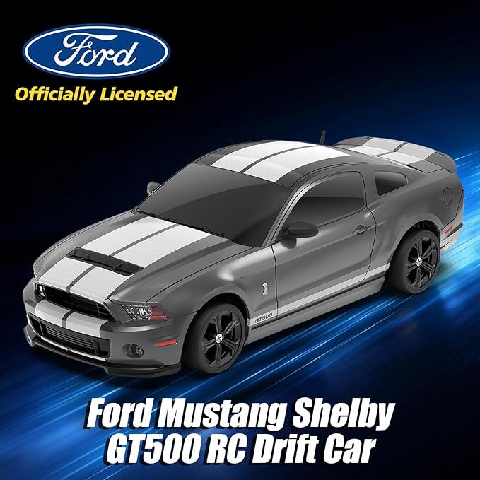 YONCHER RC Drift Car Remote Control Car for Kids Ford Mustang Shelby GT500 Officially Licensed 1:24 20KM/H 4WD with Lights Fast Racing Toy Car for Boys Girls Gray