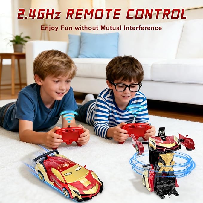 Iron Man Remote Control Car Toy for Boys 2.4Ghz RC Transform Robot Toy 1:18 Scale One-Button Deformation 360°Rotation Car with Underbody Lights Gifts for Boys Age 3 4 5 6 7 8 9 10 11 12