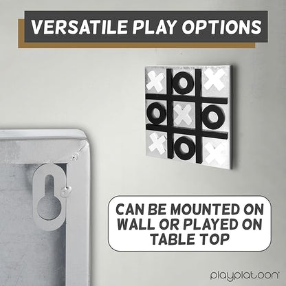 Play Platoon Magnetic Tic Tac Toe Game - Large Metal and Wooden Wall Mounted Board Games - 13.5 Inch Table Top or Wall Mounted Farmhouse Rustic for Game Room - Black &amp White