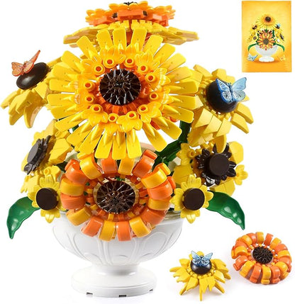 SameTech Sunflower Building Blocks Set with Vase Botanical Collection Artificial Flowers Table Centerpiece for Adults Home Office Decor/Valentine/Mother's Day/Thanksgiving/Easter/Birthday Gifts