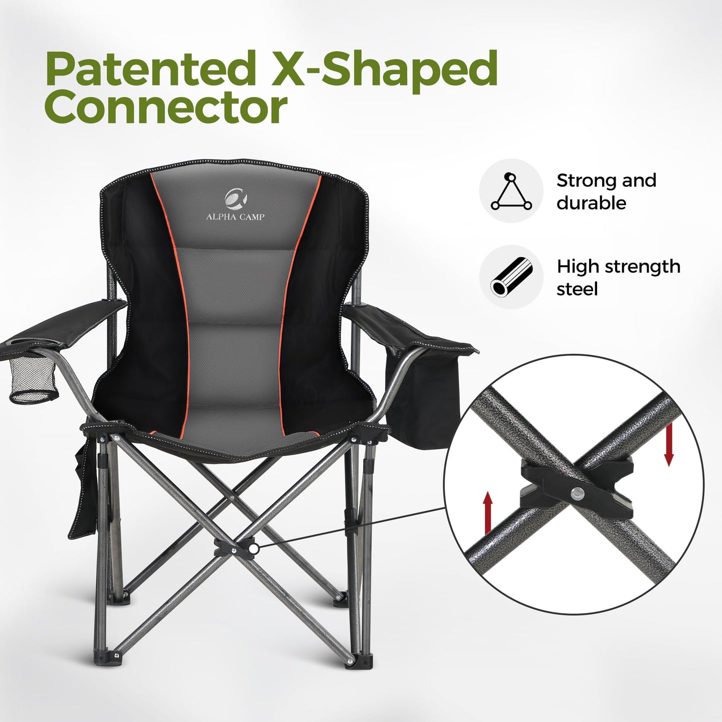 ALPHA CAMP 2PC Oversized Camping Folding Chair, Heavy Duty Support 450 LBS Steel Frame Collapsible Padded Arm Chair with Cup Holder Quad Lumbar Back, Portable for Outdoor,Black