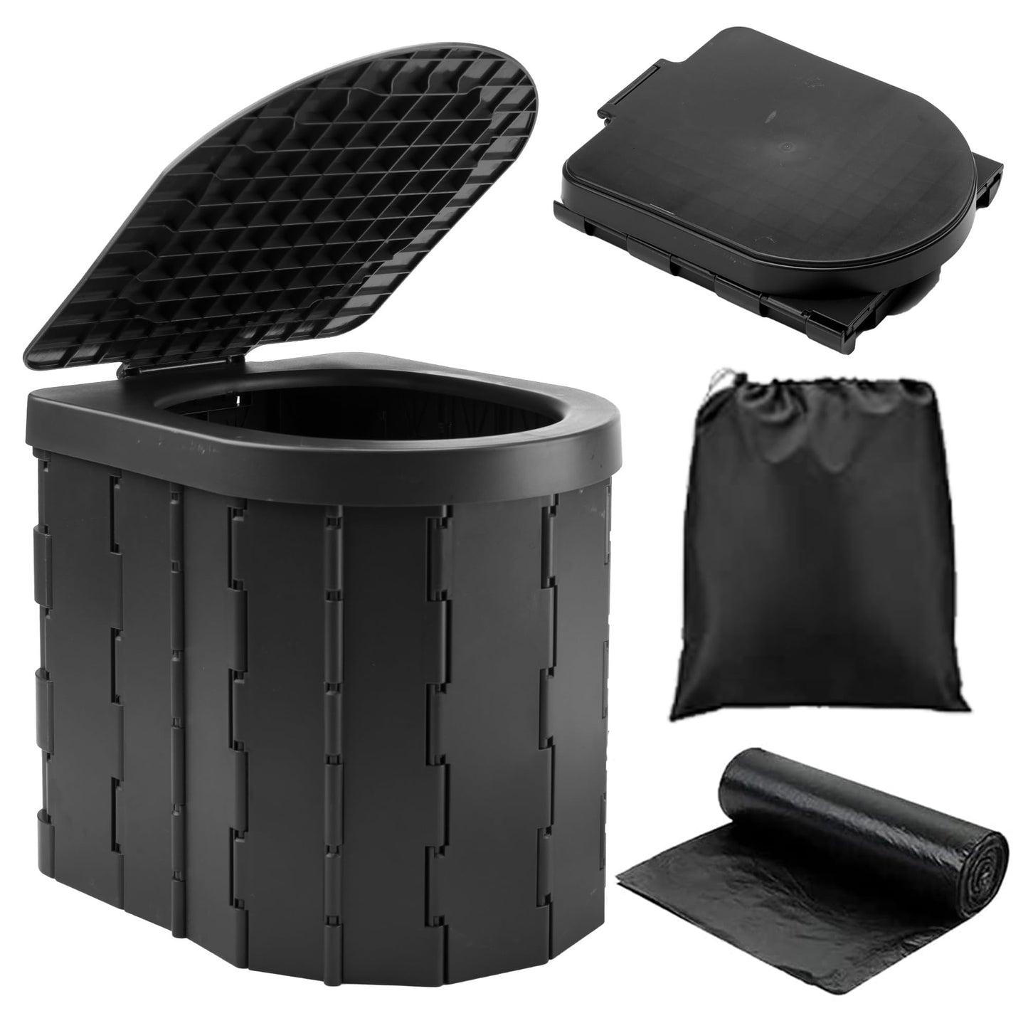 KINSPORY Camping Toilet, Portable Toilet for Adults & Kids, Foldable Potty & Outdoor Emergency Sanitation Products, Trash Can, Stool for Car Truck Camping Travel Hiking Fishing Long Trips (Deep Black)