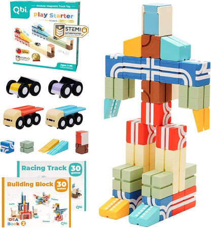 QBI Magnetic Blocks Play Starter Set – STEM Construction Toys &amp Race Car Track for Kids Ages 3-5+｜Educational Magnet Building Tiles with 2 Ramps &amp 4 Vehicles｜Montessori Gift for Boys &amp Gir