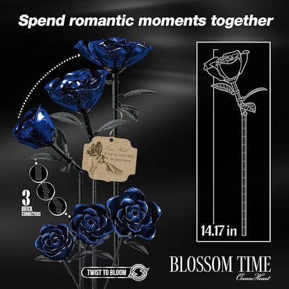 Rose Rotating Everlasting Flower Building Set (866PCS) Compatible Artificial Bouquet Elegant Home/Office Decor Accent for Tabletop Display Long-Lasting Home Decoration (Blue)
