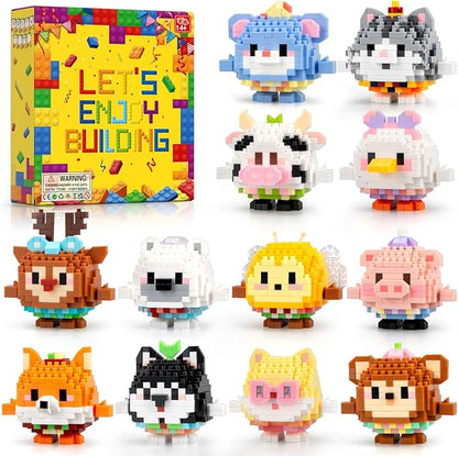 HIGH GODO 12Pack Mirco Mini Animals Easter Party Favors Building Set 2438PCS Cute Animals Set for Goodie Bag Stuffers Birthday Gifts for Adult Teens 14+ (Not Compatible with Major Brand)
