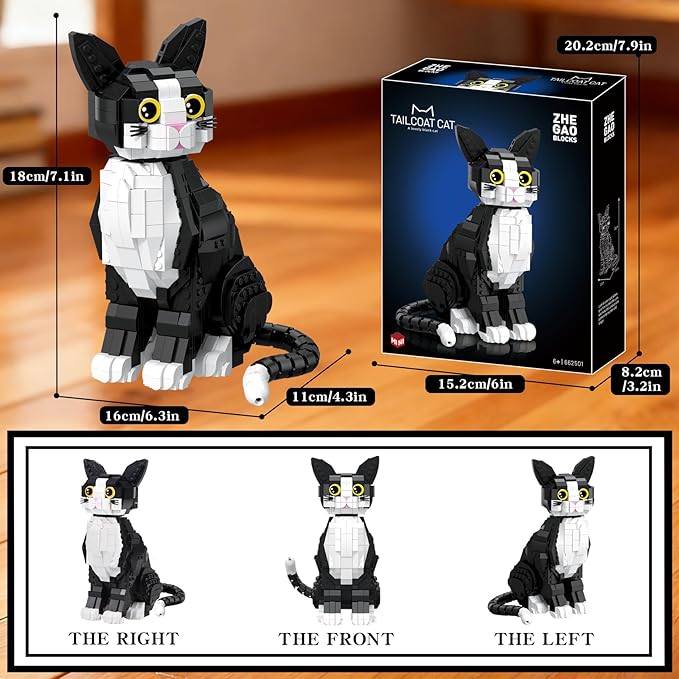 801PCS Tuxedo Cat Animal Mini Building Blocks Kit not Compatible with Lego Cats SizeIdeas DIY 3D Animals Craft Home Decor CollectionUnique Display Gift Toy for 6+ Kids and Adults