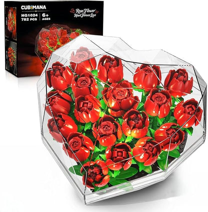 Flower Bouquet Building Set with LED Lights - 19 Rose Red Botanical Collection Block Toy with Heart Shaped Cover for Adult Her Lover Wife Women Girls 8-12+