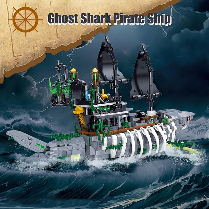 Ghost Shark Pirate Ship Mini Building Blocks Set (1155 Pieces) Building Set Model Toys Gifts for Kid and Adult Interesting Gifts for Pirate Ship Enthusiasts