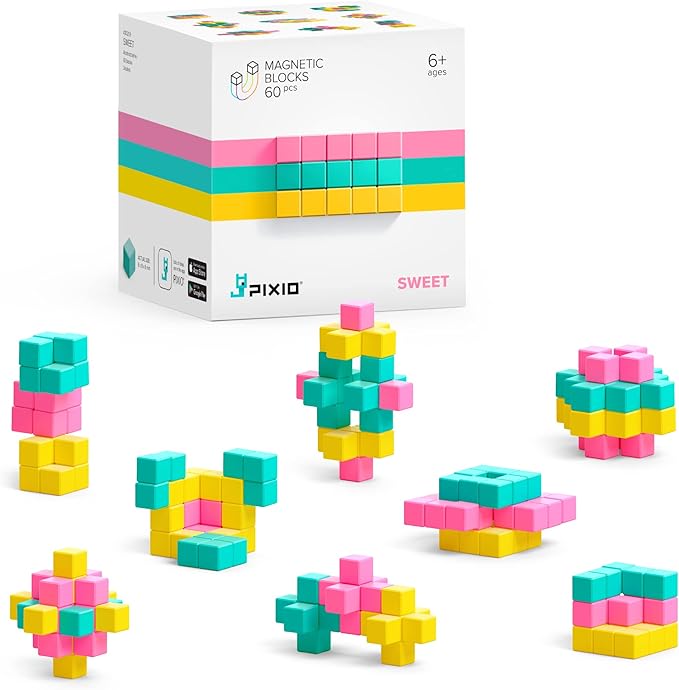 PIXIO Sweet - Tiny Magnetic Blocks Building Toy in The Pixel Art Style with Free App - 5/16 Plastic Cubes with 6 Magnets Inside - Open Ended Toy - Creativity Kit for Ages 6+ - 60pcs