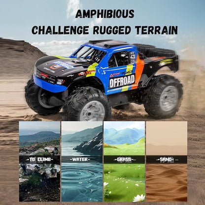 Waterproof RC Monster Truck Amphibious Remote Control Trucks 13In Big Off Road RC Cars for Kids 4WD 360° Rotation Two Rechargeable Batteries Gifts for Boys Girls Age 4-12 Pool Toys (Blue)