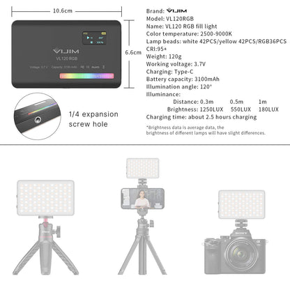 VIJIM VL120 RGB Video Light, Portable LED Camera Light Panel 0-360 Full Color, CRI 95+ 2500-9000K LED 3100mAh Rechargeable DSLR Lighting for Vlogging, Photography, Video Conference