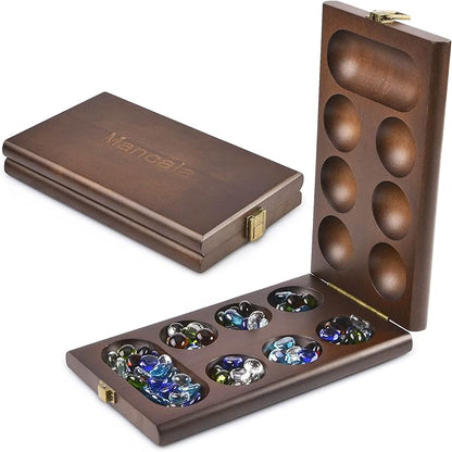 AMEROUS Wooden Mancala Board Game Set with 72+8 Bonus Multi Color Glass Stones - Folding Board - Mancala Instructions Classic Family Board Game for Kids Adults Tabletop Version