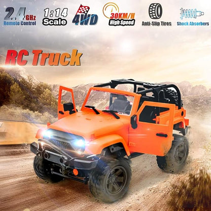 GoolRC F2 1/14 Scale 2.4GHz RC Car 4WD 30km/h High Speed Racing Car All Terrains Off Road RC Monster Vehicle Truck Crawler with LED Light for Teens and Adults (Orange Convertible)