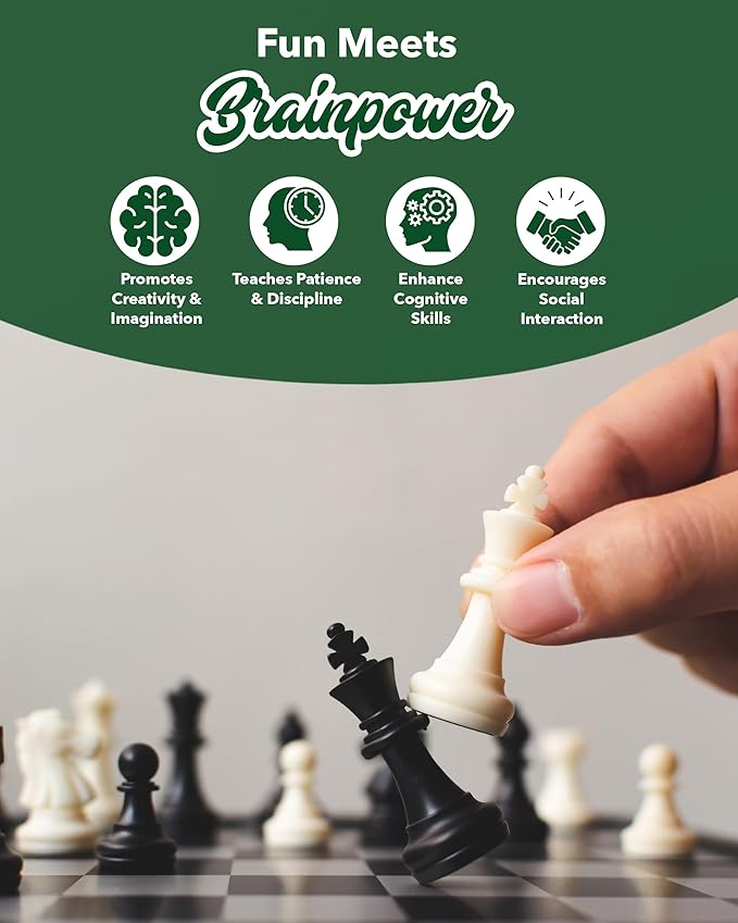 WE Games Chess Set - Tournament Style with 34 Pieces Vinyl Roll-Up Board Storage Bag &amp Equalizer Dice. Ideal for Adults