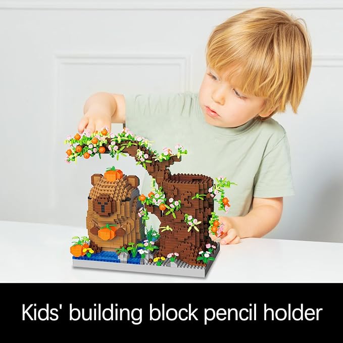 Capy-bara Pen Holder Building Blocks Set Cute PumpkinAnimalsFlowersTree Building Bonsai Kit Gifts Toy for Kids Age 8 9 10 11 12 Office Home Decoration Gift for Boys Girls Adult(1890PCS)