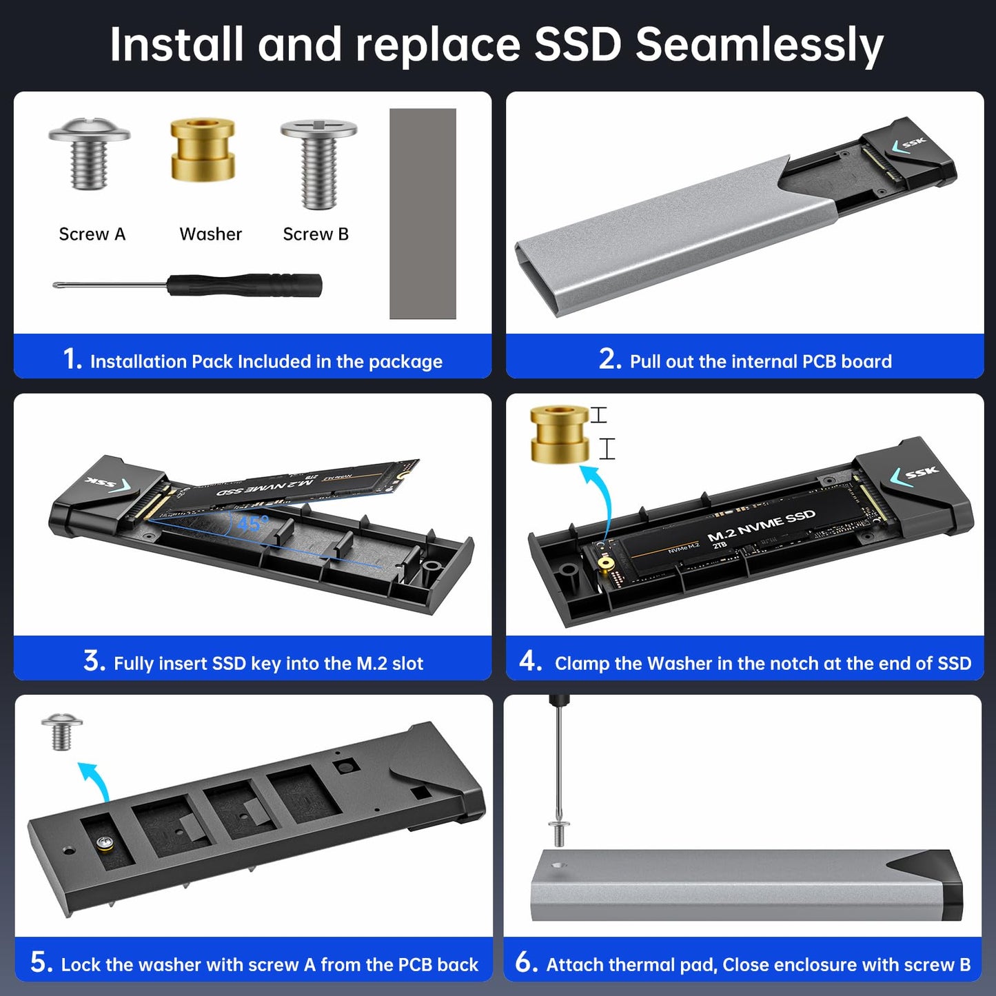 SSK M.2 NVME SATA SSD Enclosure Adapter, USB 3.2 Gen 2 (10 Gbps) to NVME PCI-E SATA M-Key/(B+M) Key Solid State Drive External Enclosure Aluminum Support UASP Trim for SSDs 2242/2260/2280