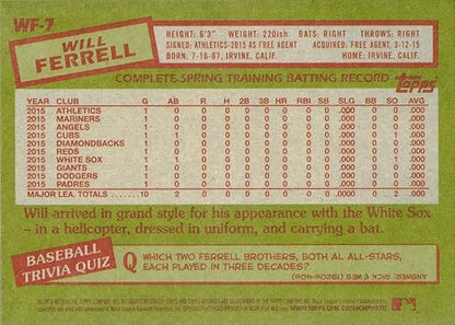 2015 Topps Archives Will Ferrell #WF-7 Will Ferrell Baseball Card - Chicago White Sox