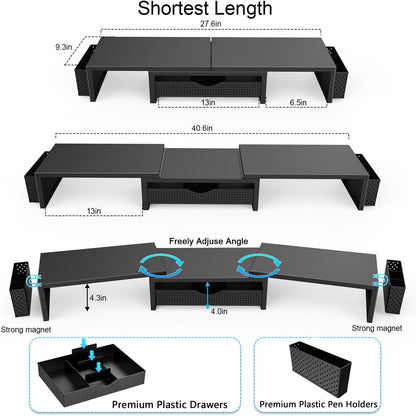 gianotter Dual Monitor Stand Riser, Desk Organizer With Drawer and 2 Pen Holders, Computer Monitor Stand, Desk Shelf for Top of Desk, Balck