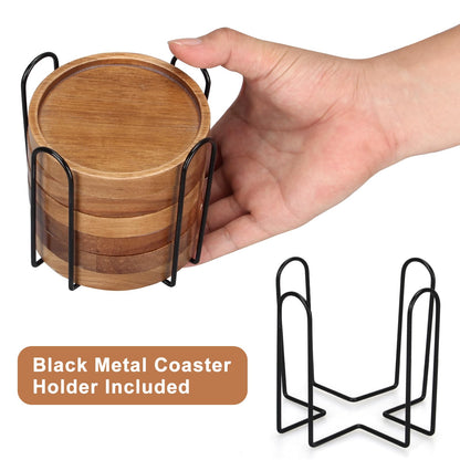 6 Pcs Best Wooden Coasters with Holder Coffee Table Decor Acacia Wood Coaster Set Modern Cup Coaster for Drink Home Dining Table Kitchen Accessories Cute Beer Bar Decorative Rustic Outdoor Coasters
