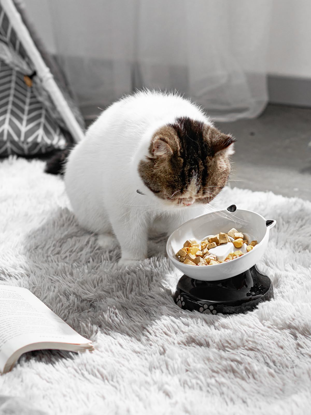 Y YHY Ceramic Cat Slow Feeder, Elevated Dog Food Bowl Tilted Design, Slow Feeder Bowl no Black Chin, Cat Shape for Dry and Wet Food