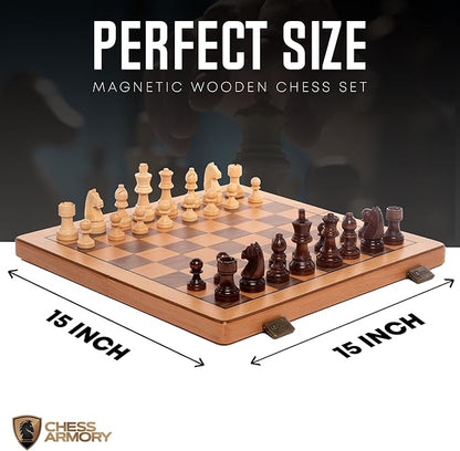 Chess Set Magnetic - Premium Wooden Board Game with a Portable Wood Case and Secure Storage for Pieces Set for Adults (Beech Wood) - Chess Armory