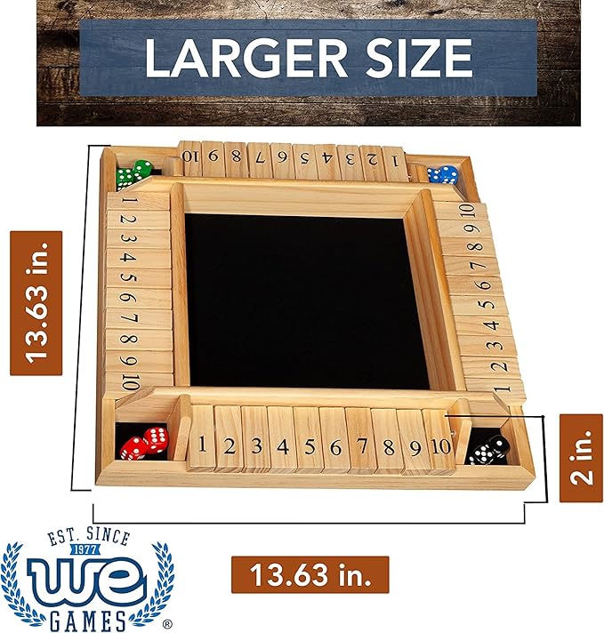 WE Games Shut The Box Board Game - Classic 4 Player Wooden Table Top Dice Game for Family Game Night Natural Wood 14 in. 10 Numbers Classroom Play or Bar Fun for Adults