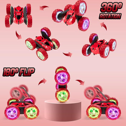 Remote Control Car for Kids Ages 6-12 4WD RC Stunt Car with LED Lights &amp 360° Flips 2.4GHz Fast Electric Toy Vehicle Upgraded Battery Birthday for Boys Ages 8-10