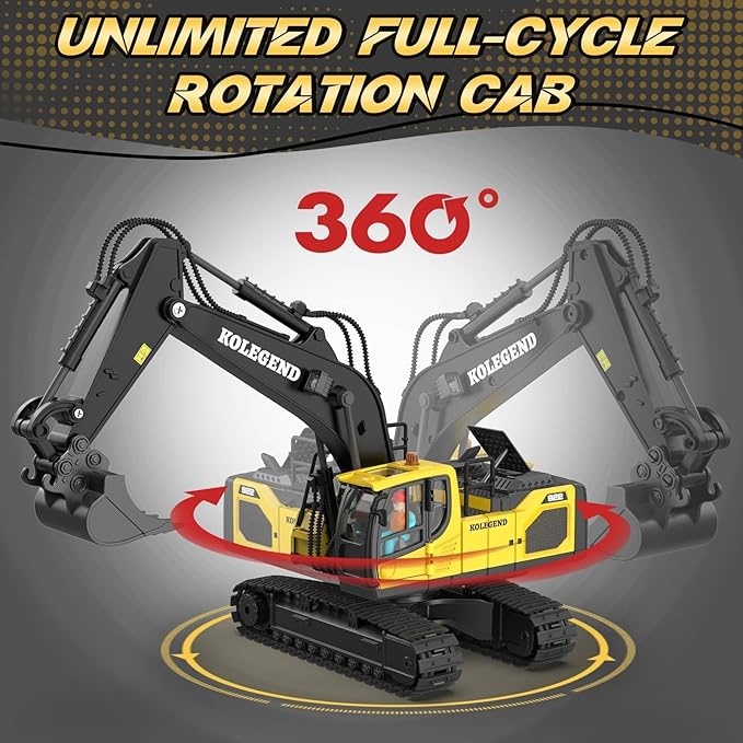 kolegend Remote Control Excavator Toy for Boy 2 Batteries- 1/20 Scale Remote Control Digger with Alloy Shovel Infinitely Rotating Cab Lights &amp Sounds - Gift for Kids Ages 678910