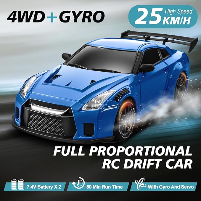 ACAMMZAR RC Drift Car Pro Upgraded with Gyro 1:24 Full Proportional Remote Control Car 25KM/H 4WD High Speed RC Cars with Lights Extra Racing Tires Vehicle for Adults Kids Boys Girls Blue