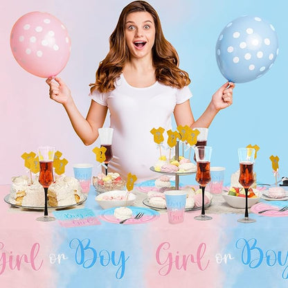 Baby Gender Reveal Party Supplies Boy or Girl Disposable Paper Plates Napkins Cups Tablecloth for Baby Shower Decorations Serve 25