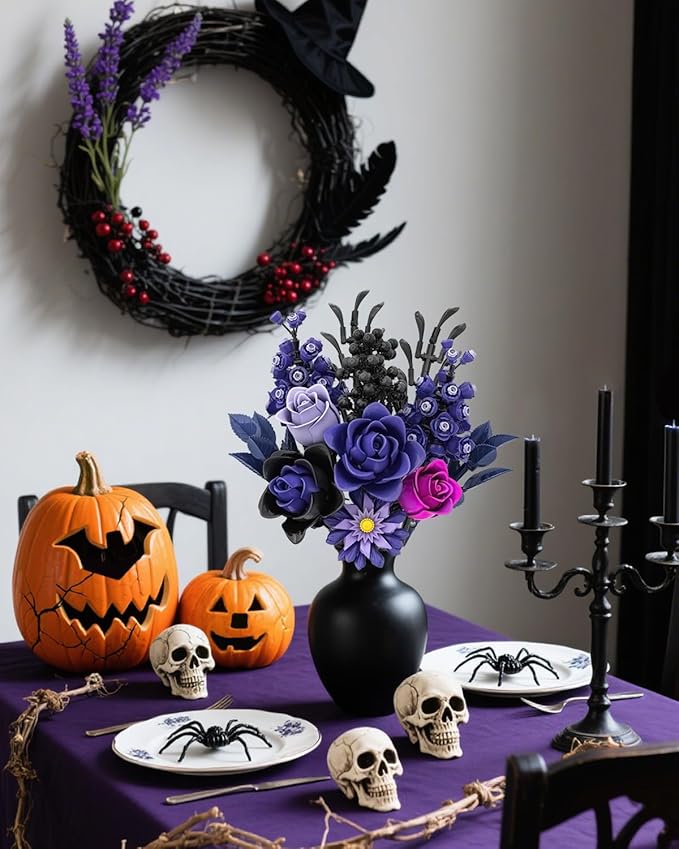 Purple Rose Bouquet Building Set Artificial Floral Building Toys for Gothic Home Decor Ideal Gift for Halloween &amp Christmas Compatible with Lego Flower Set for Adults Women and Teen Girls