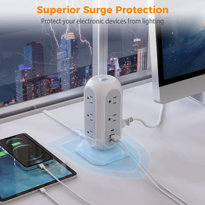 Surge Protector Power Strip Tower 10 Ft, TESSAN Flat Plug Extension Cord with 11 AC Outlets 3 USB Ports (1 USB C), 1050J Protection Charging Station for Home, Office Supplies, Dorm Room Essentials