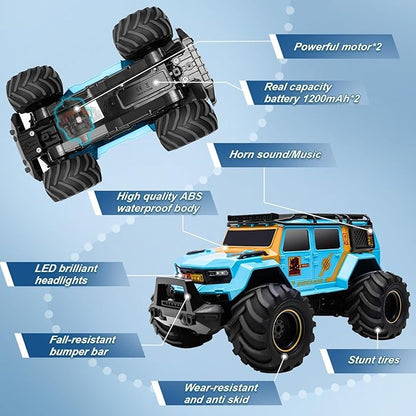 1:14 RC Police Car Waterproof Amphibious Remote Control Police Car for Kids with Siren Lights Boys Girls Age 6 7 8 9 10 11 12 Gift Present Toy(Blue)