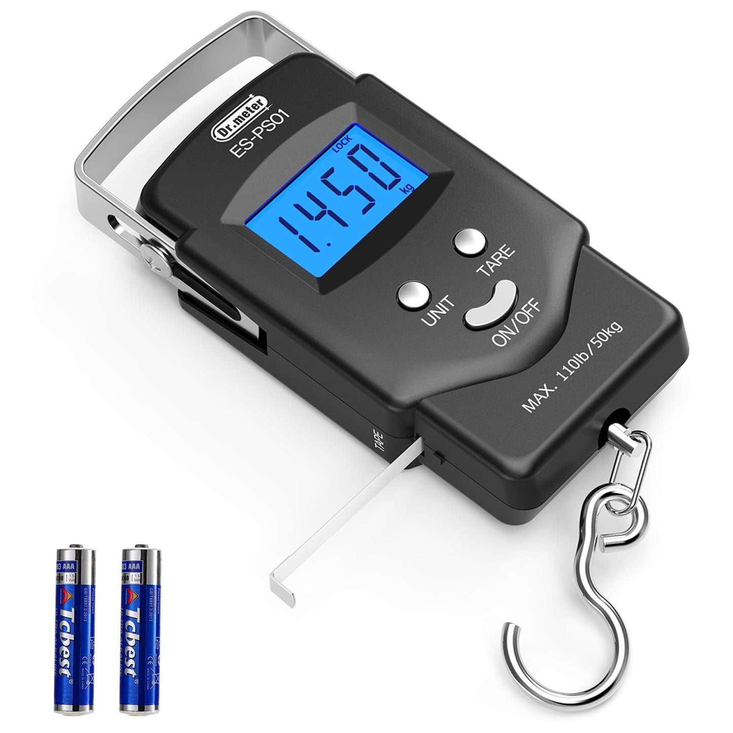 Dr.meter Fish Scale Luggage Scale - PS01 110lb/50kg Backlit LCD Display Digital Scale with Built-in Measuring Tape - Fishing Scale with 2 AAA Batteries, Pocket Size - Fishing Gifts for Men