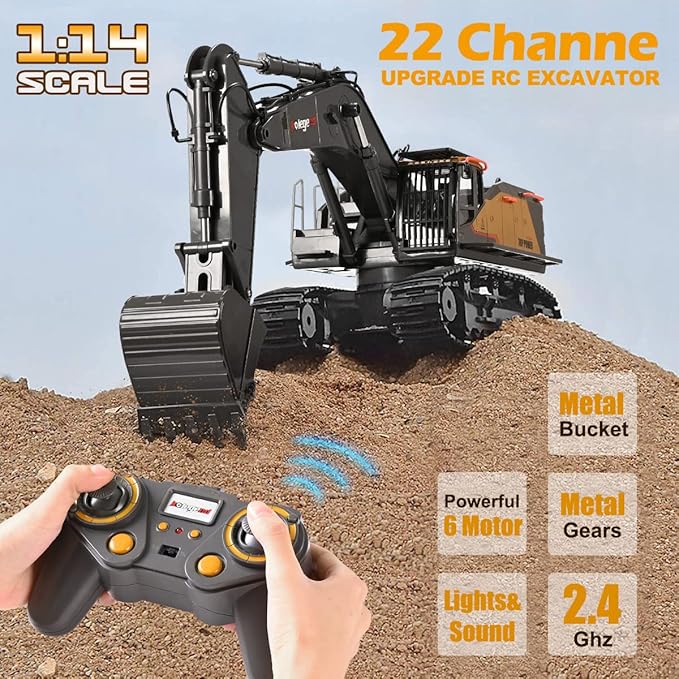 kolegend Remote Control Excavator Toy 1/14 Scale RC Excavator 22 Channel Upgrade Full Functional Construction Vehicles Rechargeable RC Truck with Metal Shovel and Lights Sounds