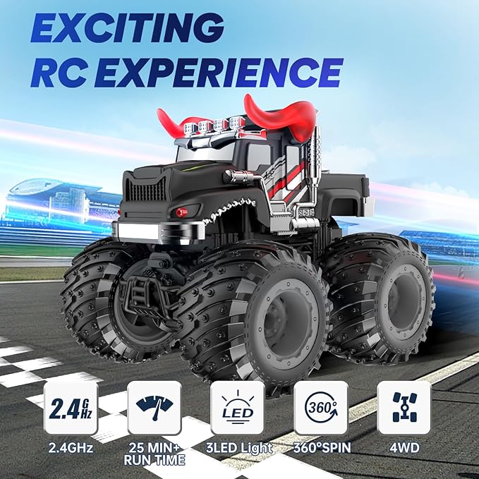 BAODLON Remote Control Monster Car 2.4GHz RC Bull Monster Truck Toys for 3 4 5 6 7 8 Years Old Boys Kid All Terrain RC Truck Off Road with Spray Light Rechargeable Battery Christmas Birthday Gift