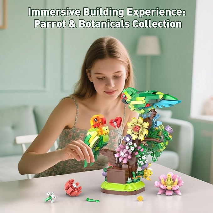 Flowers &amp Love Bird Building Set for Adults Flower Parrot Botanicals Decor Model Kit with LED Animal Toys Gifts Ideas for Adults and Teens Age 14+ (1050 PCS)