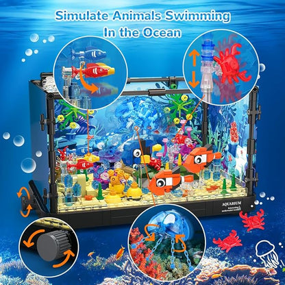 HOGOKIDS Fish Tank Building Set with LED Light - Movable Aquarium Building Toys for Adults Kids | 725PCS Creative Aquarium Toy with Jellyfish Fish Animal Educational Gift for Boys Girls Age 8-14