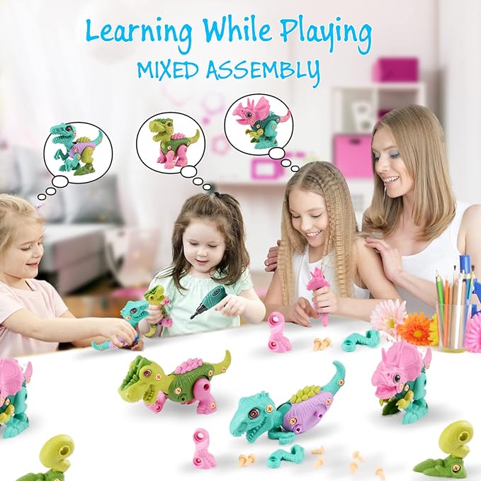 FREE TO FLY Dinosaur Toys for 3 4 5 6 Years Old Girls Take Apart Dinosaur Learning Toys for Kids 3-5 5-7 STEM Building Construction Set with Electric Drill Birthday Ideas