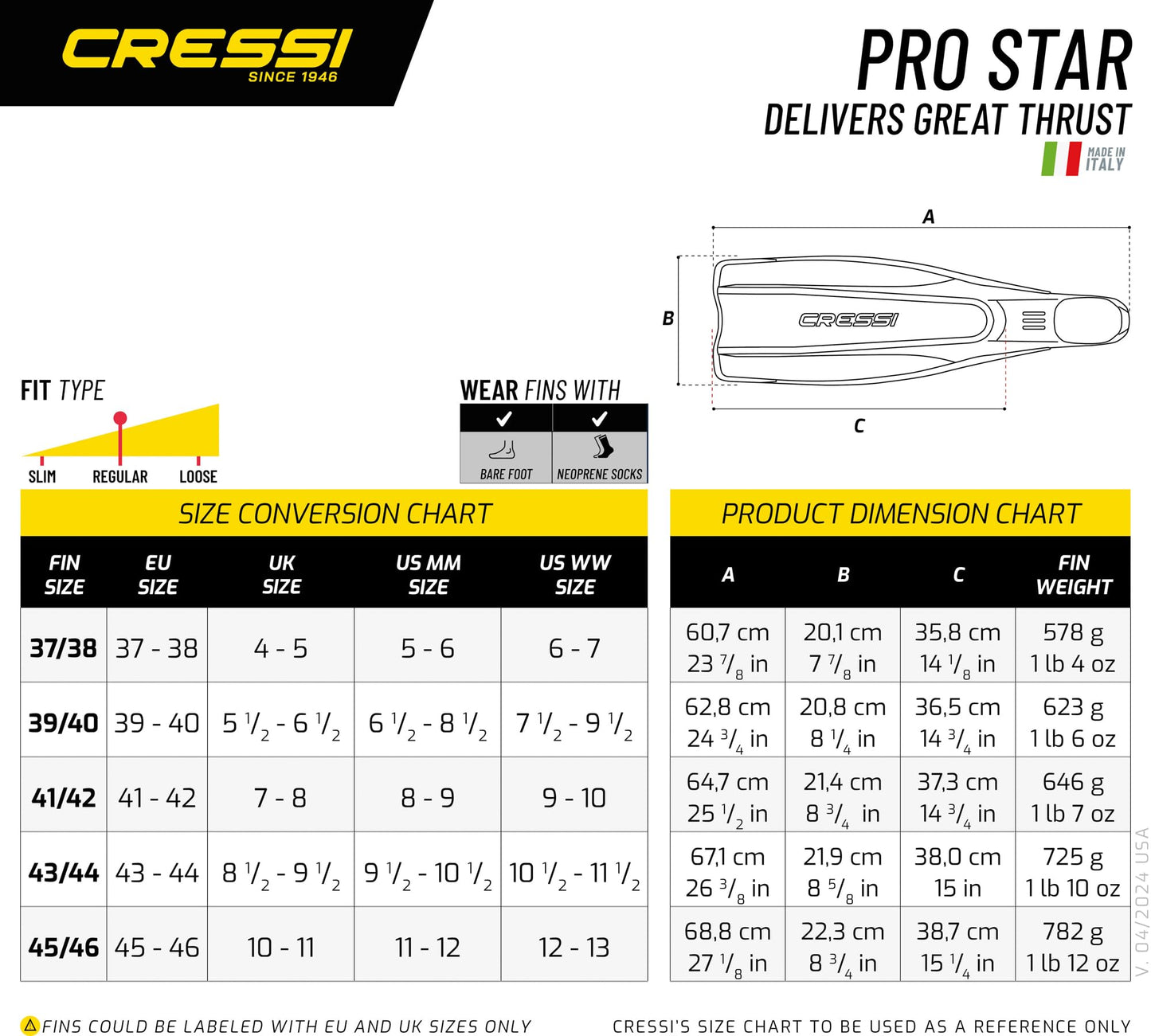 Cressi Adult Reactive Full Foot Pocket Scuba Diving Fins | Pro Star: Made in Italy,Black